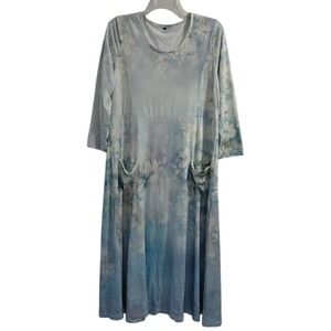 Womens Long Sleeve Midi Dress Abstract Floral Blue Size L Pockets